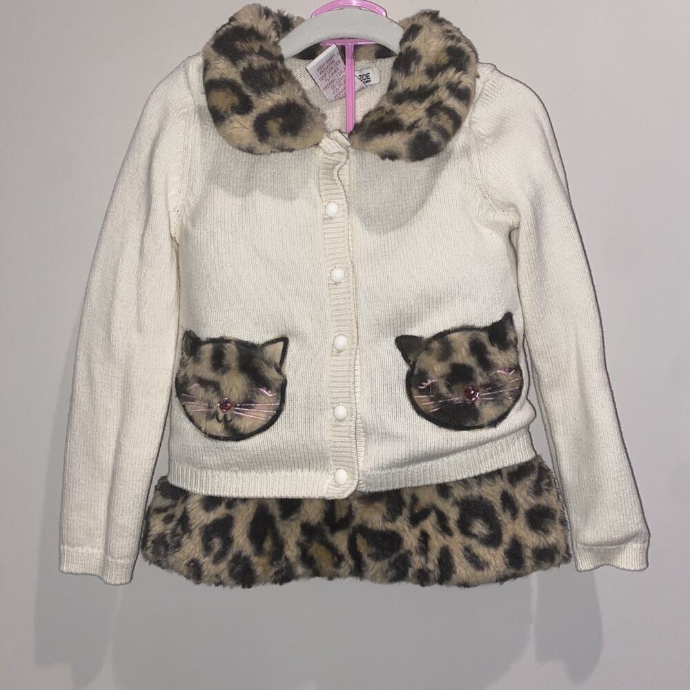 RACHEL ZOE Sz 5-6 Girls 2pc Faux Fur Cardigan Skirt Cat Cheetah Soft Fall Winter